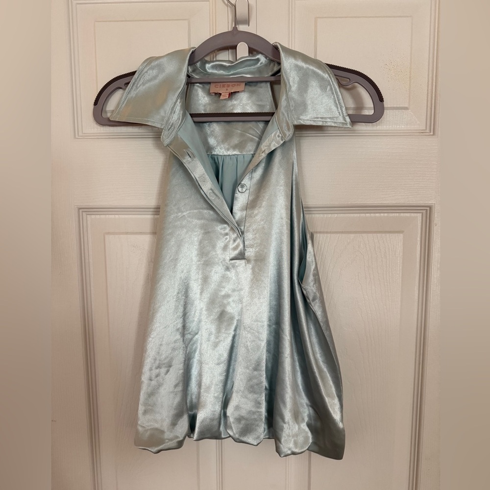 Ciebon Light Blue Satin Sleeveless Blouse with Bubble Hem